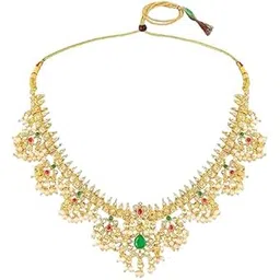 Gold Plated Faux Ruby Faux Emerald & Beads Studded Bridal Necklace Earrings Set, Ethnic Jewellery Gift for Women-picture-32
