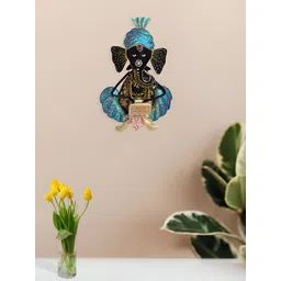 Golden Peacock Blue & Black Lord Ganesh Playing Musical Instrument Wall Decor-picture-36