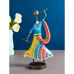 Golden Peacock Blue & Yellow Gujarati Women Playing Dandia Garba Figurine Showpiece-picture-41