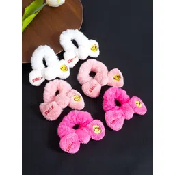 Golden Peacock Girls Set of 6 White & Pink Fur Ponytail Holders-picture-33