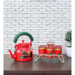 golden peacock Ikat Red & Green Aluminium & Glass (Set of 8) Teaware Set-picture-11