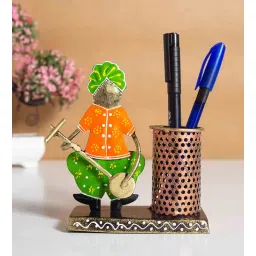 golden peacock Musical Man Green & Orange Metal Pen Stand-picture-11