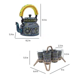 golden peacock Indi Ikat Blue & Yellow Aluminium & Glass (Set of 8) Teaware Set image 4