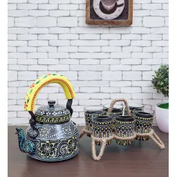 golden peacock Indi Ikat Blue & Yellow Aluminium & Glass (Set of 8) Teaware Set image 1