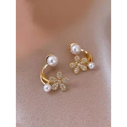 GOLDIWALA Korean Gold-Plated Artificial Stones Studded & Pearls Beaded Floral Shaped Studs-picture-24