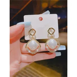 GOLDIWALA Korean Gold-Plated Artificial Stones Studded Diamond Shaped Drop Earrings-picture-36