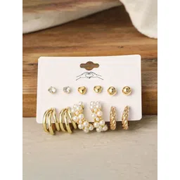 GOLDIWALA Set Of 6 Gold Plated Pearls Beaded Contemporary Half Hoop Earrings-picture-18