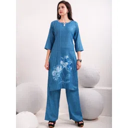 GOLDSTROMS Women Floral Printed Regular Thread Work Linen Kurta with Palazzos-image-26