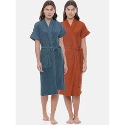 GOLDSTROMS Women Pack Of 2 Brown & Blue Solid Cotton Bath Robes-picture-18