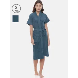 GOLDSTROMS Women Pack Of 2 Teal Blue Solid Cotton Bath Robes-picture-19