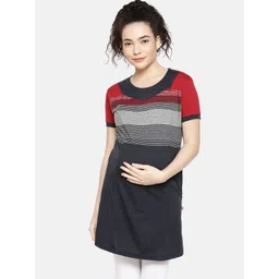 GOLDSTROMS Women Red & Navy Blue Colourblocked Round Neck Longline Maternity T-shirt-picture-27