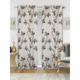 Good Homes by Home Candy Set of 2 Off-White & Grey Floral Print Long Door Curtains-picture-40