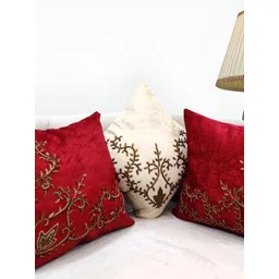 Good Vibes Maroon & Cream 3 Pieces Ethnic Motifs Velvet Square Cushion Covers-picture-24