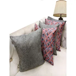 Good Vibes Pink & Grey 5 Pieces Geometric Velvet Square Cushion Covers-picture-41