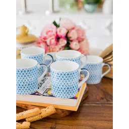 GOODHOMES Blue & White Set of 6 Printed Bone China Cup Set-picture-12
