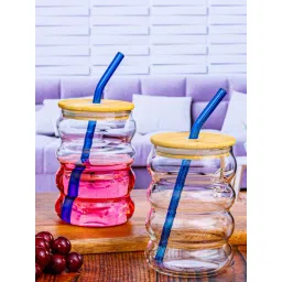 Goodhomes Clear Borosilicate Glass Mason Jar with Color Glass Straw & Wooden Lid - Set of 2 (500 ml)-picture-27