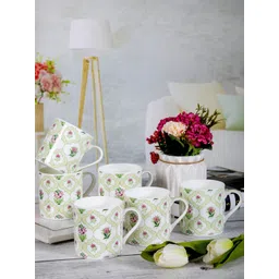 GOODHOMES White & Green Set of 6 Printed Bone China Glossy Mugs 220 ml Each-picture-20