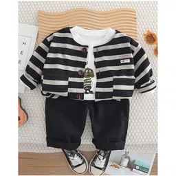 Googo Gaaga Cotton Knit Monster Printed Tee & Trousers With Full Sleeves Striped Light Winter Sweater Set - Black-picture-28
