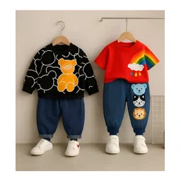 Googo Gaaga Cotton Loop Knit Pack Of 2 Full Sleeves Teddy Printed Sweatshirt & Rainbow Printed Tee With Pants Set - Black & Red-picture-12