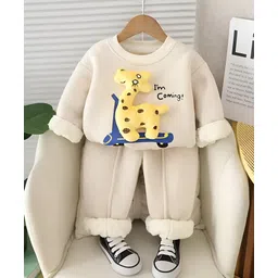 Googo Gaaga Fleece Knit Full Sleeves Giraffe Applique Detailed Winter Sweatshirt & Trousers Set - Cream-picture-20