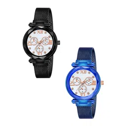 Gopal Shopcart Unisex Pack of 2 Analogue Watch Mina White Dial Black Blue Maganet-picture-29
