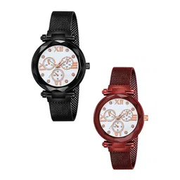 Gopal Shopcart Unisex Pack of 2 Analogue Watch Mina White Dial Black Red Maganet-picture-16