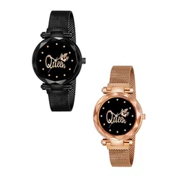 Gopal Shopcart Unisex Pack Of 2 Analogue Watch Queen Black Rose Gold Maganet-picture-34