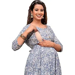 gora laxmi Women's Pure Cotton All Over Printed Maternity Gown | Feeding Kurti with Zippers for Women | Maternity Dress Feeding Kurti Pink (Gray, M)-picture-26