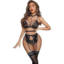 Gorgeous Lace Garter Lingerie Set with Removable Choker Teddy Babydoll Strappy Bra and Panty Set with Black Stocking for Honeymoon, Special Night (Black)-picture-17