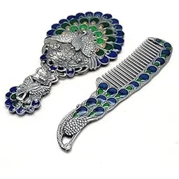 Gorgeous Vintage Peacock 1 Piece Mirror and 1 Combs | | Peacock Mirror, Metallic Silver, Gorgeous-picture-27
