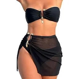 gorglitter Women's 3 Piece Tie Backless Bandeau Bikini Set Tube Ring High Waisted Swimsuit with Cover Up Beach Skirt-picture-52