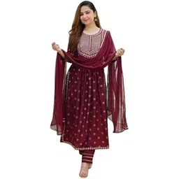 Gori Collection Women Rayon Nayra Cut Kurta With Pant and Dupatta Set (IN, Alpha, M, Regular, Red)-picture-19
