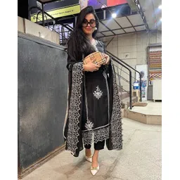 GoSriKi Floral Embroidered Notch Neck Straight Kurta With Trouser And Dupatta-picture-39