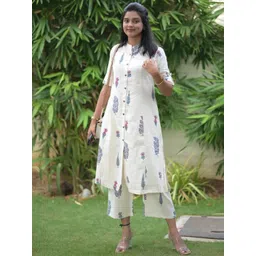 GoSriKi Floral Printed Mandarin Collar Roll-Up Sleeves A-Line Kurta With Palazzos-picture-17