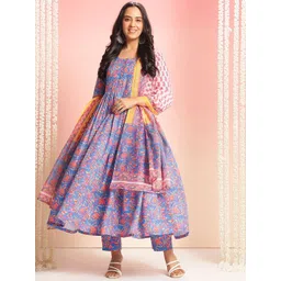 GoSriKi Floral Printed Round Neck Pleated Anakali Kurta With Trousers & Dupatta-picture-32