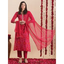 gosriki KALINI Bandhani Printed Beads and Stones Straight Kurta With Trouser & Dupatta-picture-12