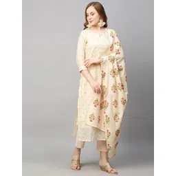 gosriki KALINI Women Cream-Coloured Floral Printed Straight Kurta with Trousers & With Dupatta-picture-33