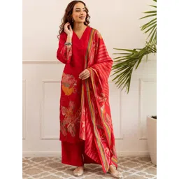 GoSriKi Women Abstract Printed V-Neck Long Sleeves Regular Calf Length Straight Kurta Set-picture-19