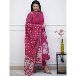 GoSriKi Women Floral Printed Pleated Kurta with Trousers & With Dupatta-picture-30