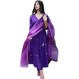 gosriki Women's Cotton Blend Anarkali Embroidered Kurta with Pant & Dupatta-picture-32