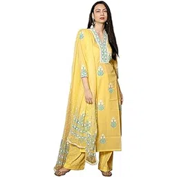 gosriki Women's Cotton Blend Straight Hand Block Printed Kurta with Pant & Dupatta-picture-38
