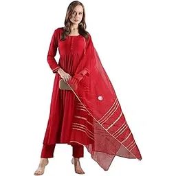 gosriki Women's Rayon Blend Anarkali Solid Kurta with Pant & Dupatta-picture-59
