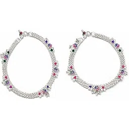 Gota Chandi Anklet with Multicolor Floral Charms Ghungroo Beaded Traditional Foot Pair Jewellery for Women (58 Grams)-picture-36