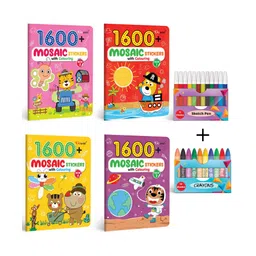gowoo 1600 MOSAIC STICKERS WITH COLOURING - BOOK 1, 2, 3 & 4 with 10 WAX CRAYONS and 12 WATER COLOUR SKETCH PEN |Combo of 4 | "Artistic Adventures: Mosaic Marvels Collection"-picture-12