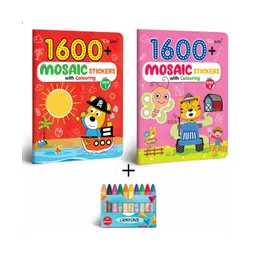 gowoo 1600 MOSAIC STICKERS WITH COLOURING - BOOK 1& 2 with 10 WAX CRAYONS| Discover, Create, Color: Mosaic Marvels-picture-22