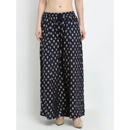 GRACIT Women Navy Blue & Gold-Toned Floral Printed Flared Knitted Ethnic Palazzos-picture-31