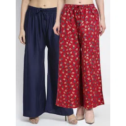 GRACIT Women Pack of 2 Navy Blue & Red Floral Printed Flared Palazzos-picture-23
