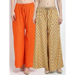 GRACIT Women Pack Of 2 Orange & Yellow Ethnic Motifs Printed Flared Knitted Ethnic Palazzos-picture-15