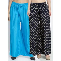 GRACIT Women Pack Of 2 Turquoise Blue & Navy Blue Ethnic Motifs Printed Flared Palazzos-picture-13