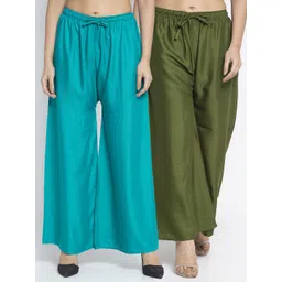 GRACIT Women Pack of 2 Turquoise Blue & Olive Green Ethnic Palazzos-picture-15